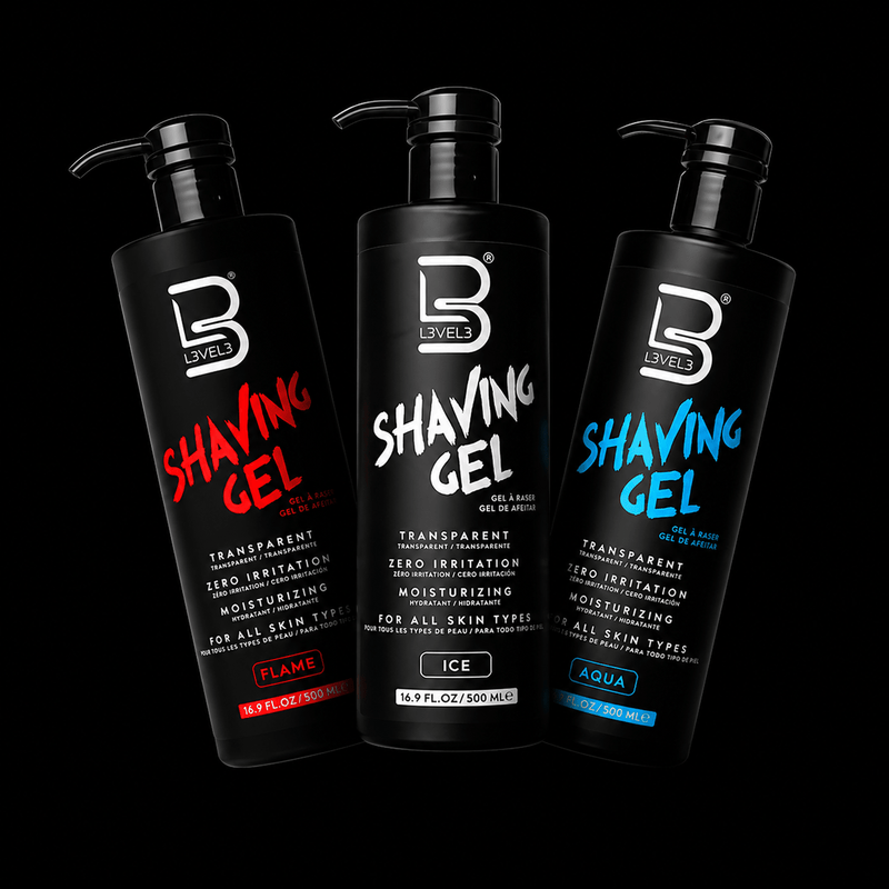 L3VEL3 transparent shaving gel Aqua Ice and Flame 500ml full collection overview for professional barbers