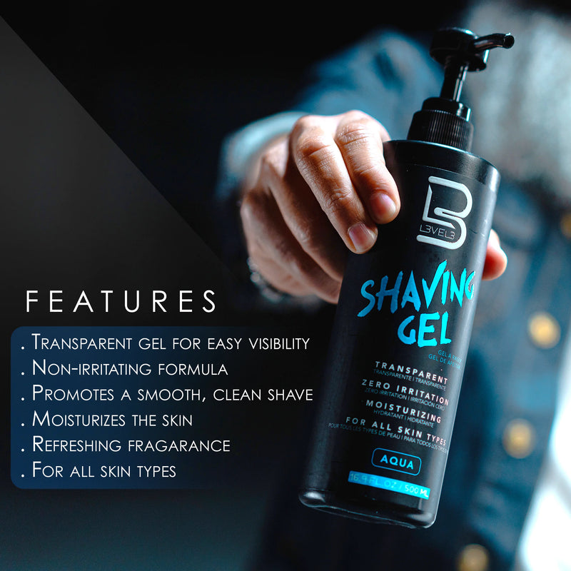 L3VEL3 shaving gel features including zero irritation transparent formula and smooth shave