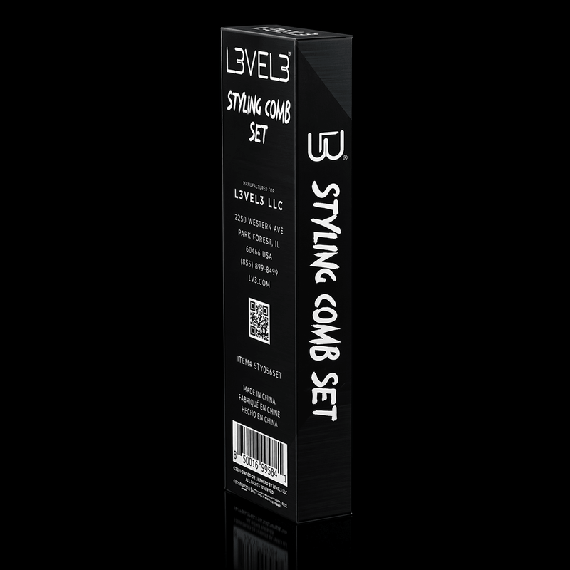 L3VEL3 styling comb set 2 piece box side view professional barber comb packaging