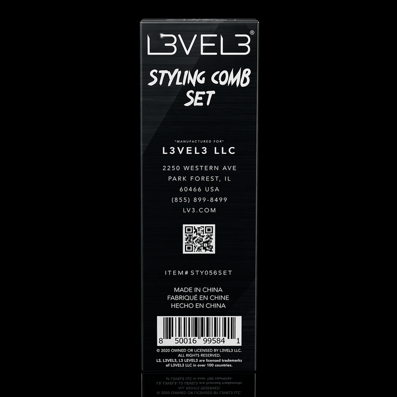 L3VEL3 styling comb set 2 piece packaging back showing product details and specifications