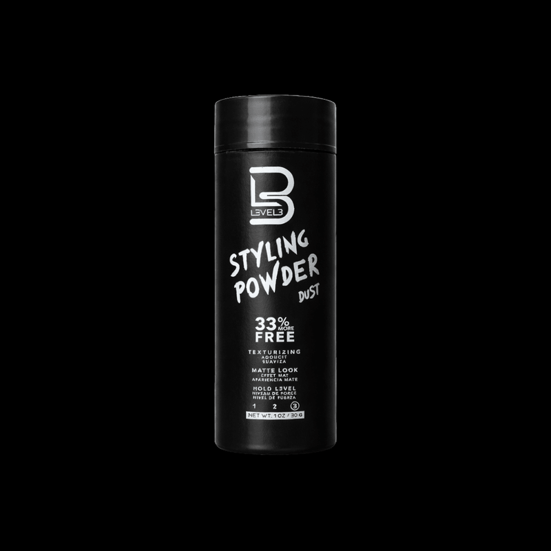 Front view of black bottle of Level 3 Styling Powder 30g on a black background