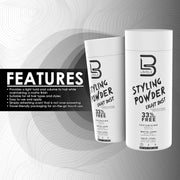 Two bottles of Level 3 Styling Powder on a gray background with 'Features' text.