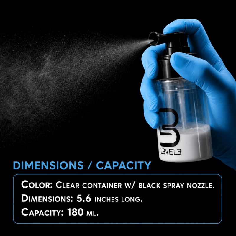 L3VEL3 Powder Spray Bottle Dimensions and 180ml Capacity