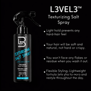 L3VEL3 Texturizing Salt Spray bottle with product features on a black background