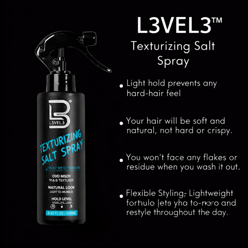 L3VEL3 Texturizing Salt Spray bottle with product features on a black background