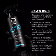 Texturizing salt spray bottle with features listed on a black background