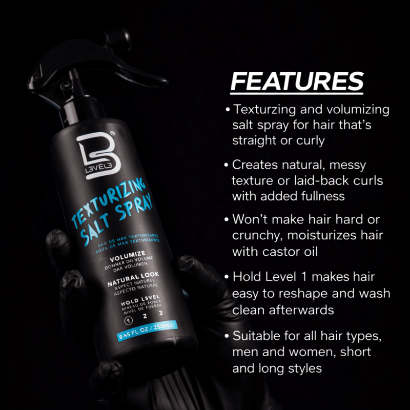 Texturizing salt spray bottle with features listed on a black background
