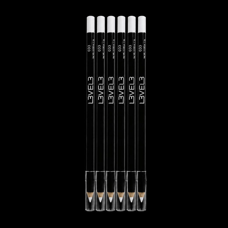 L3VEL3 White Liner Pencils Pack of 6 for beard outlining and hairline detailing with protective caps on a black background