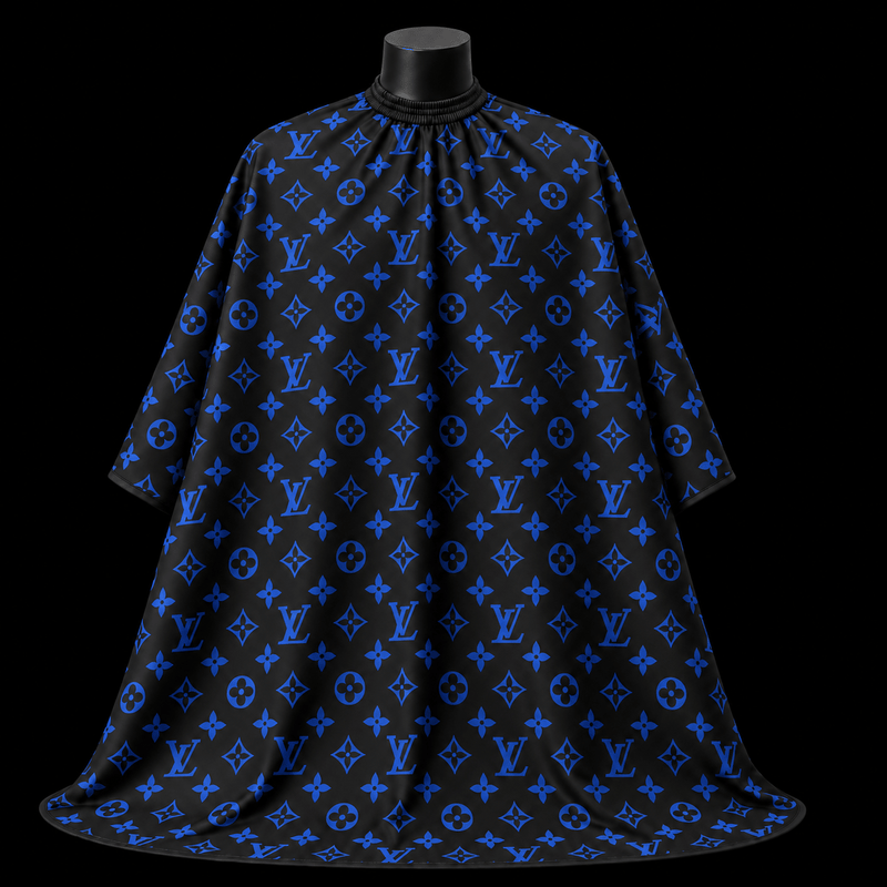 Black & Blue LV Barber Cape - front-facing view showing the all-over blue monogram print on a black lightweight water-resistant polyester cape