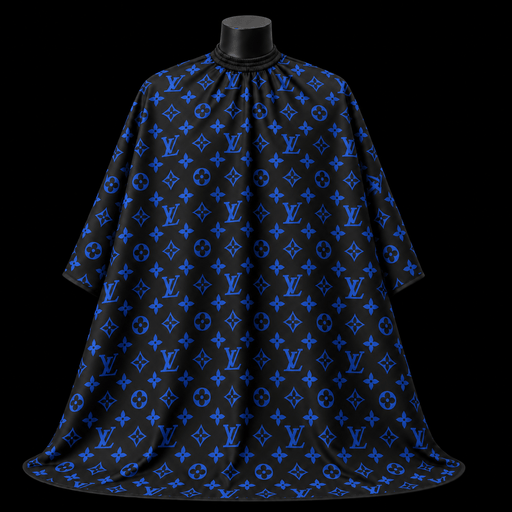 Black & Blue LV Barber Cape - front-facing view showing the all-over blue monogram print on a black lightweight water-resistant polyester cape