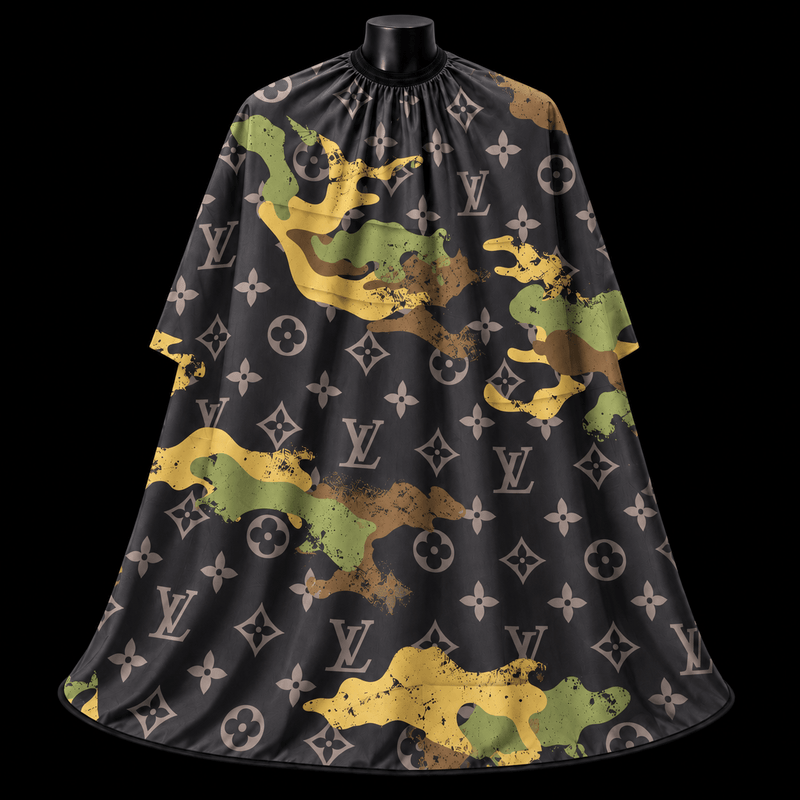 Camo LV Barber Cape - front-facing view showing the all-over LV monogram overlaid with olive, mustard, and brown camo print on a black lightweight water-resistant polyester cape