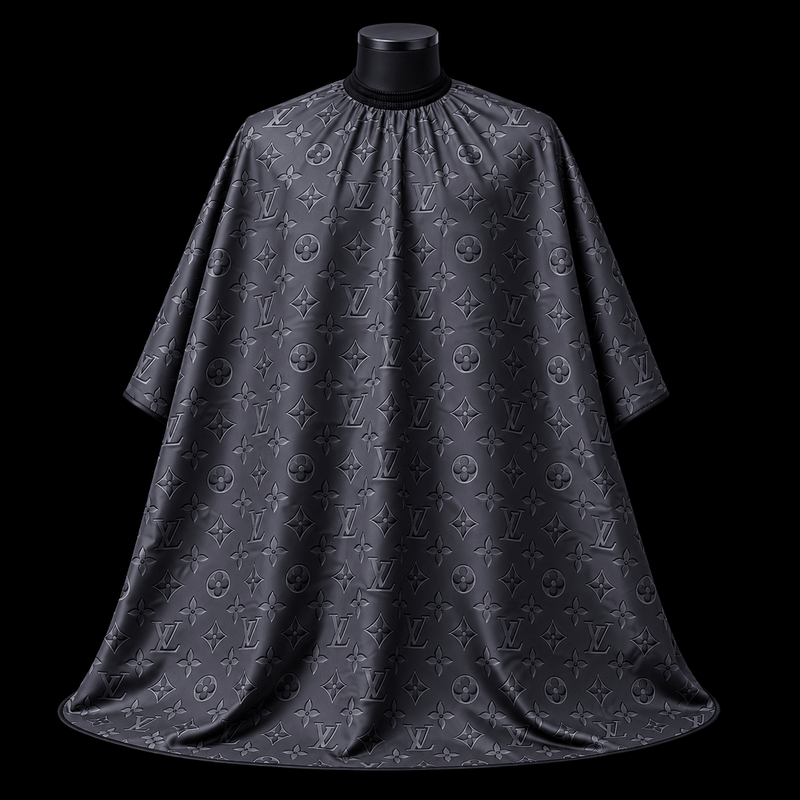 Charcoal LV Barber Cape - front-facing view showing the all-over tonal embossed monogram print on a lightweight water-resistant polyester cape