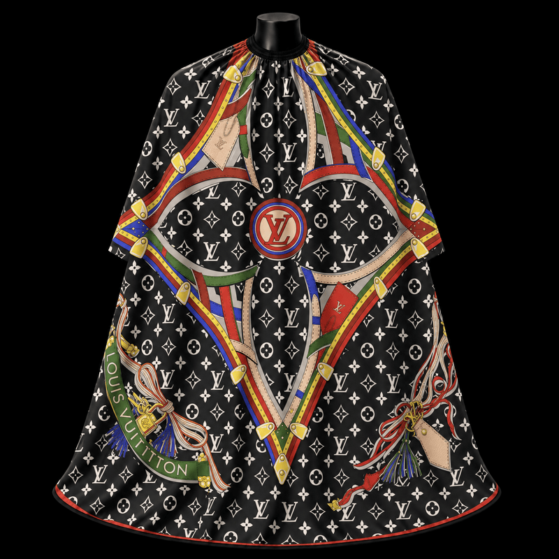 Multicolor Geometric LV Barber Cape - front-facing view showing the all-over multicolor strap and buckle graphic print over an LV monogram base on a black lightweight water-resistant polyester cape