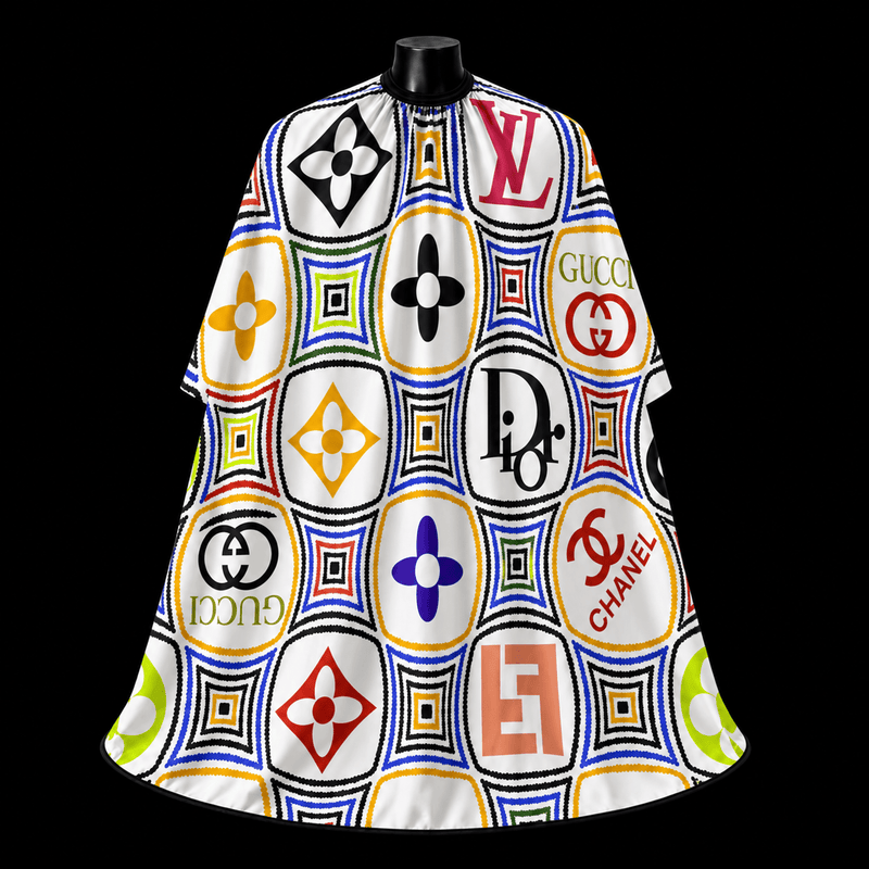 Multi Color LV Barber Cape - front-facing view showing the all-over multicolor grid monogram print on a white lightweight water-resistant polyester cape