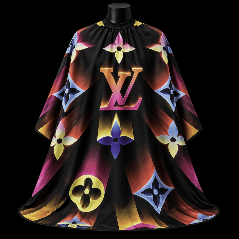Colorful LV Barber Cape - front-facing view showing the all-over multicolor monogram gradient print on a black lightweight water-resistant polyester cape