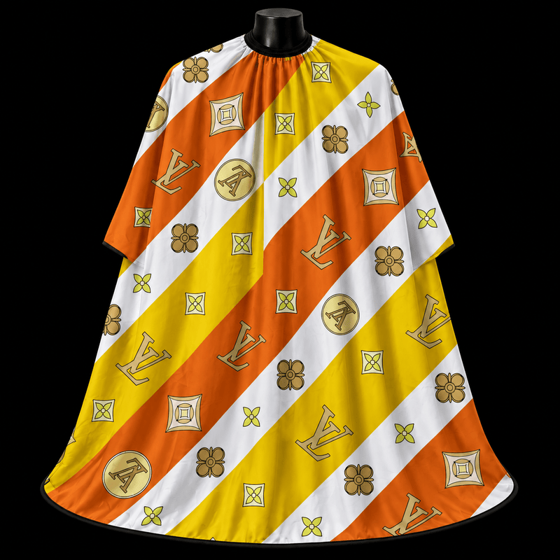 Orange-Gold LV Barber Cape - front-facing view showing the all-over gold monogram print on orange, yellow, and white diagonal stripes on a lightweight water-resistant polyester cape