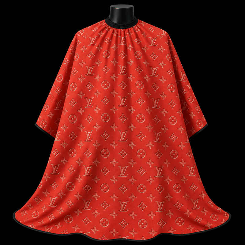 Red LV Barber Cape - front-facing view showing the all-over tonal embossed monogram print on a lightweight water-resistant polyester cape