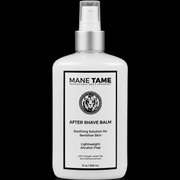 Bottle of Mane Tame after shave balm on a white background