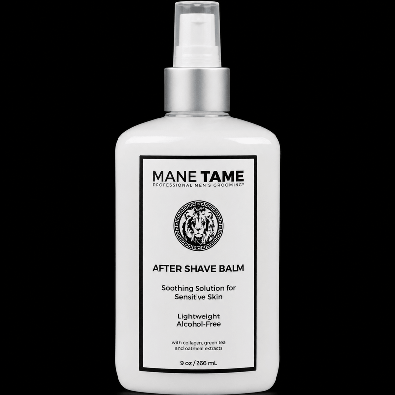 Bottle of Mane Tame after shave balm on a white background