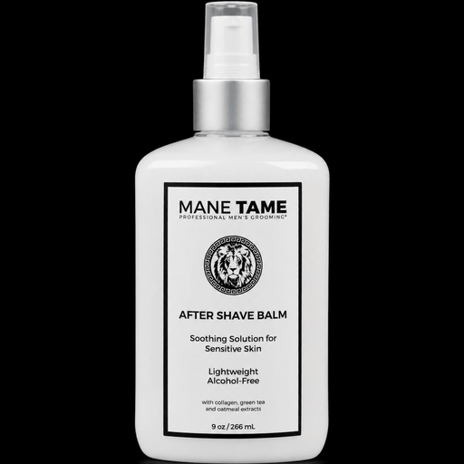 Bottle of Mane Tame after shave balm on a white background