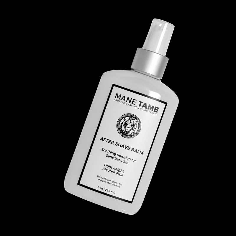 Bottle of Mane Tame after shave balm on a black background