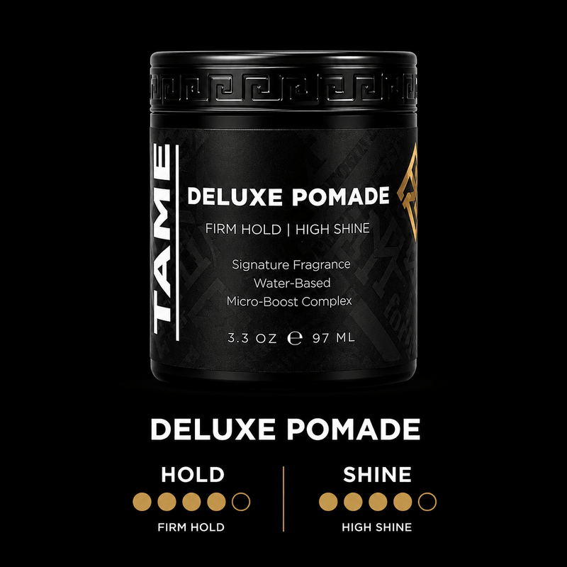 Black container of TAME Deluxe Pomade with product details on a black background