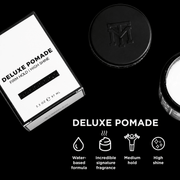 Deluxe pomade packaging with product container and branding on a black background