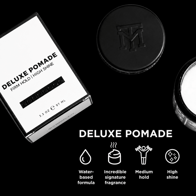 Deluxe pomade packaging with product container and branding on a black background