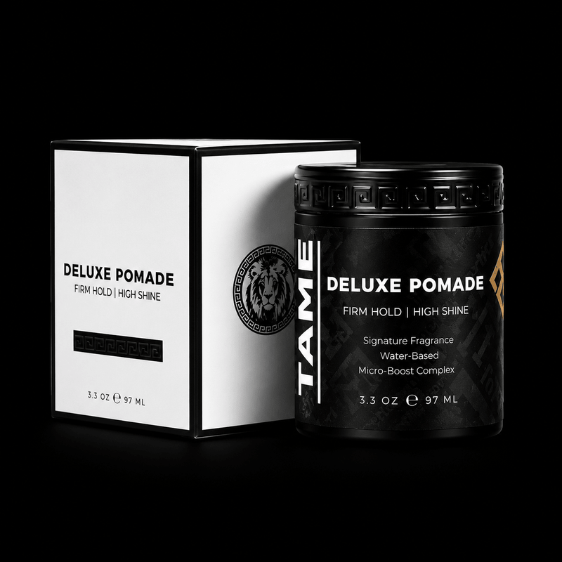 Tame Deluxe Pomade jar and box on a black background