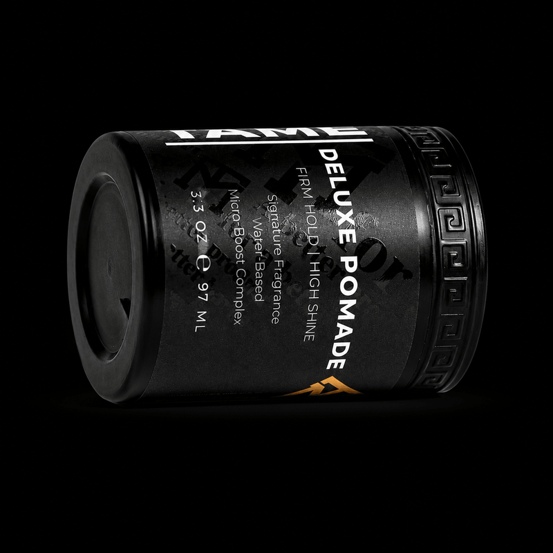 Black container of Deluxe Pomade with text on a black background