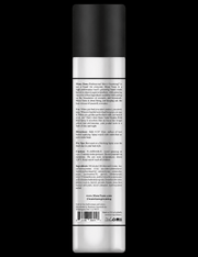 Back view of a white spray bottle with text on a black background