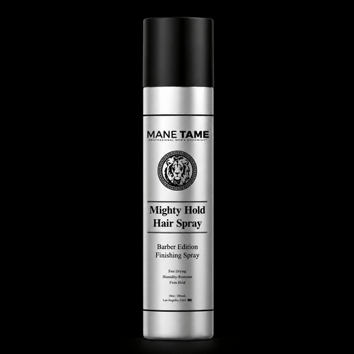 Mane Tame Mighty Hold Hair Spray can on a black background