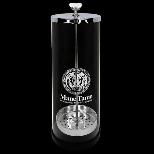 Black and silver hair product with 'Mane Tame' branding on a black background