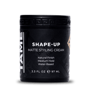 Black jar of Shape-Up Matte Styling Cream on a white background
