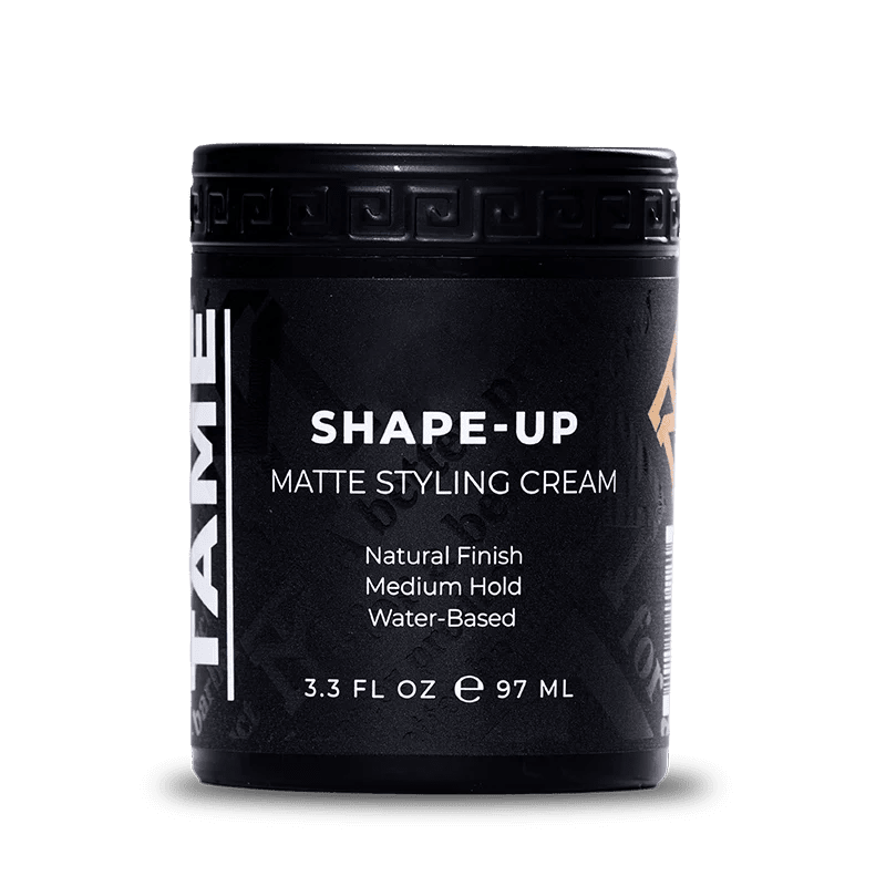 Black jar of Shape-Up Matte Styling Cream on a white background