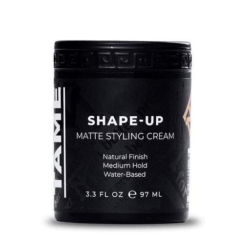 Black jar of Shape-Up Matte Styling Cream on a white background