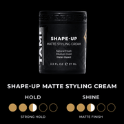 Tame Shape-Up Matte Styling Cream jar with product details on a black background