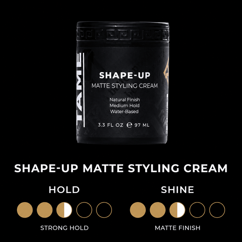 Tame Shape-Up Matte Styling Cream jar with product details on a black background