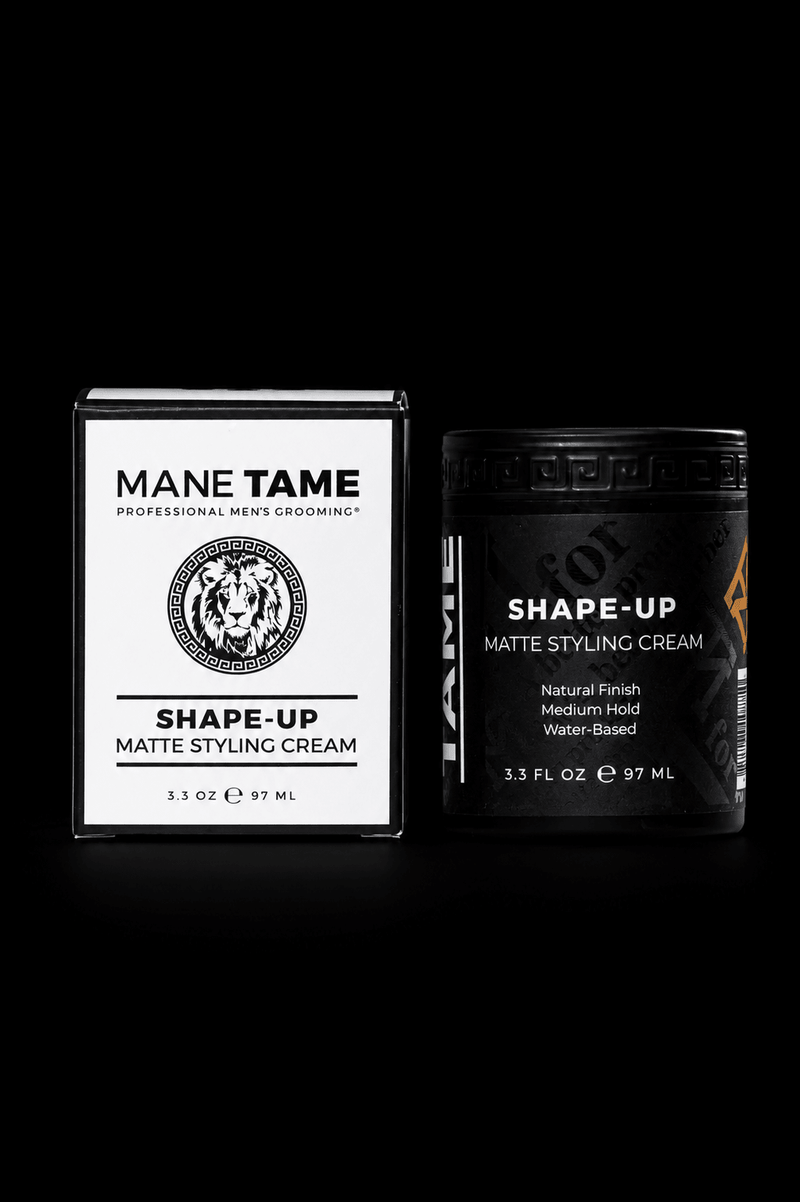 Mane Tame Shape-Up Matte Styling Cream packaging on a black background
