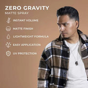 Man wearing a plaid jacket with text about 'Zero Gravity Matte Spray' on a brown background