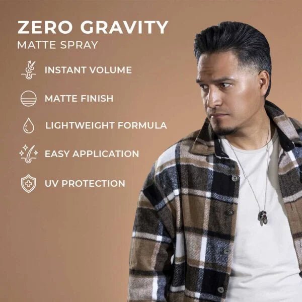 Man wearing a plaid jacket with text about 'Zero Gravity Matte Spray' on a brown background
