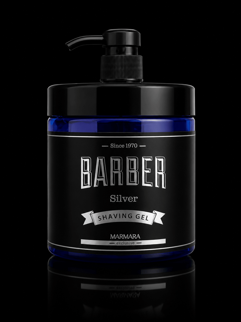 Barber Silver Shaving Gel bottle with pump on a black background