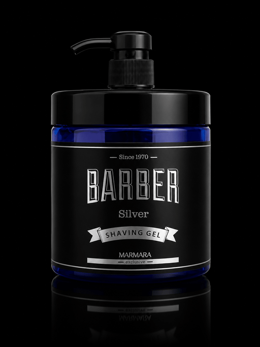 Barber Silver Shaving Gel bottle with pump on a black background