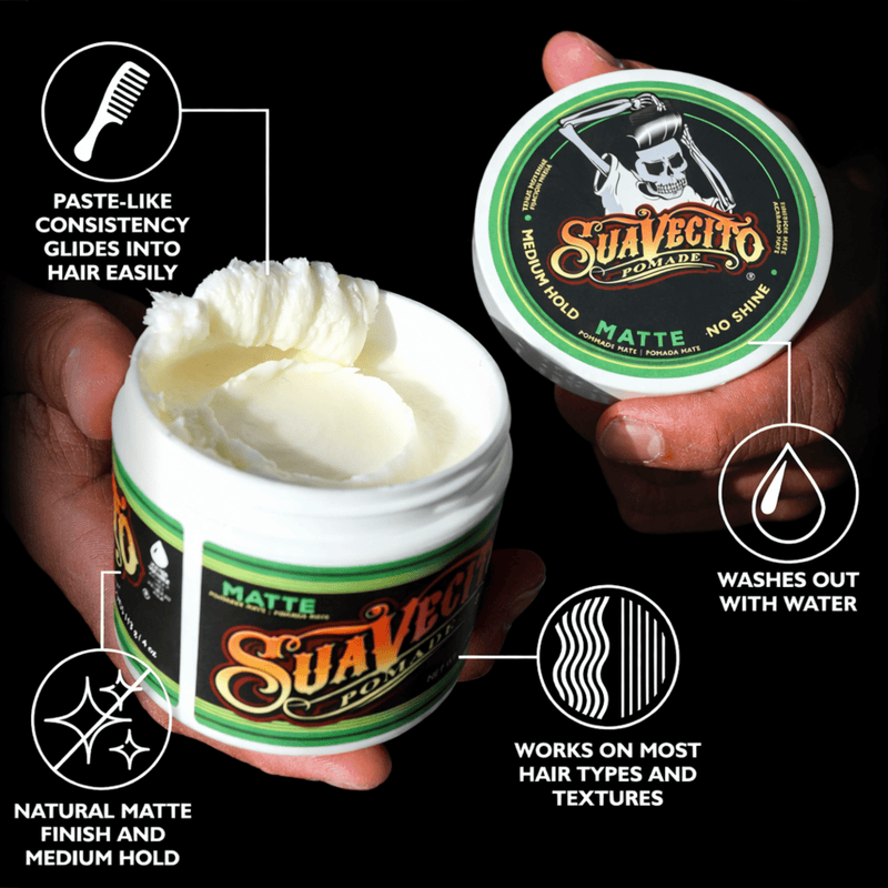 Matte pomade hairstyle natural texture medium hold barber style with no shine finish Primos Barber Supply