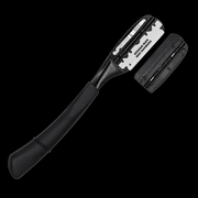 Black and white tool with a handle and blade on a transparent background