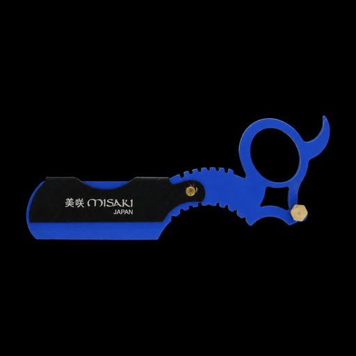 Blue fishing hook trimmer with 'Misaki Japan' branding on a black background