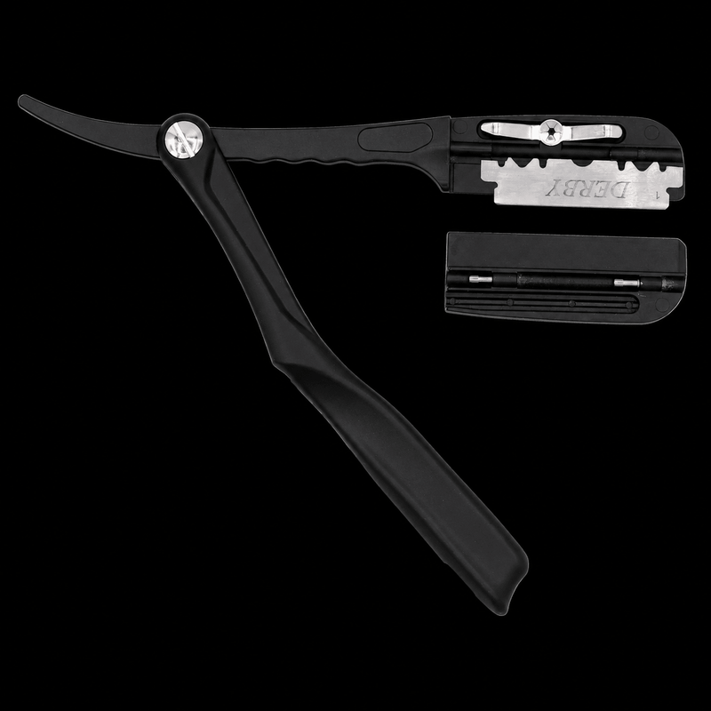 Black straight razor with additional components on a white background