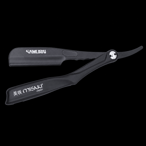 Misaki Samurai Razor Full Black MR-03 – pinch-type folding shavette razor front view on white background