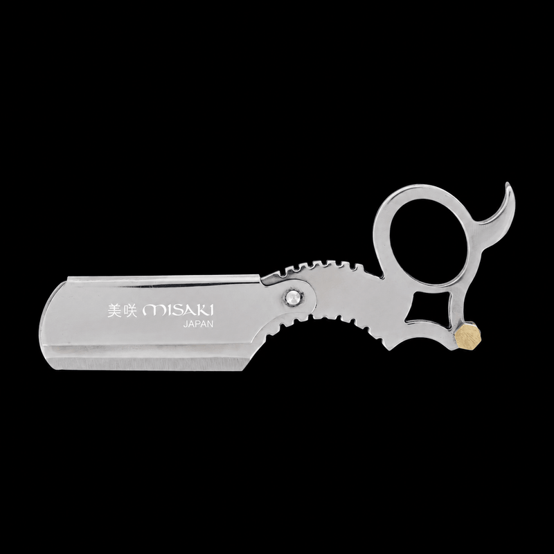 Metallic scissors with 'MISAKI' branding on a black background