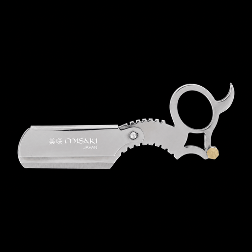 Metallic scissors with 'MISAKI' branding on a black background
